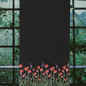 Black Curtain With Red Flowers.