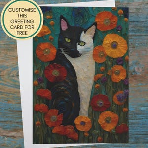 Cat and Poppies card. Includes personalisation and free shipping