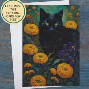 Black Cat and Marigolds card. Includes personalisation and free shipping