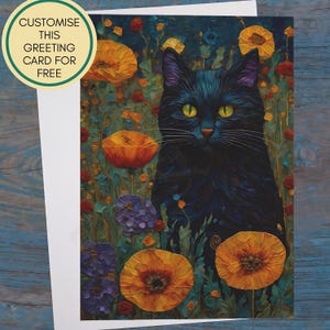 Black Cat and Marigolds card. Includes personalisation and free shipping