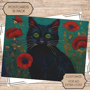 Gatto nero e papaveri. 10 cartoline personalizzate. Spedizione gratuita.