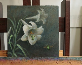 Original Painting - White lilies and flower chafers