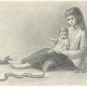 May include: A black and white pencil drawing of a woman holding a young child. The woman is sitting on the floor with her legs crossed. The child is sitting on her lap. A snake is curled up on the floor in front of them.