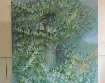 Puede incluir: Una pintura de una mujer de pie en un campo de flores blancas. La mujer lleva un vestido blanco y tiene el pelo largo y suelto. Las flores están en plena floración y son de un hermoso tono blanco. El fondo es un cielo azul suave.