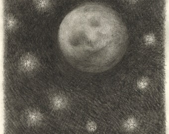Dessin original - Eclipse pleine lune et étoiles