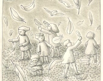 May include: A black and white pencil drawing of five children playing in a field of feathers. The children are wearing coats and hats. The drawing is done in a simple style.