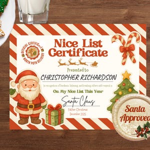 May include: A festive "Nice List Certificate" with red and white stripes, featuring Santa Claus, a Christmas tree, and candy canes. The certificate is personalized for Christopher Richardson and "Santa Approved".