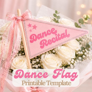 May include: A triangular pink pennant flag on a wooden stick featuring the text Dance Recital in a bold pink font with three small stars. The flag is decorated with a glittery silver border and a sheer pink ribbon tied at the top of the stick.