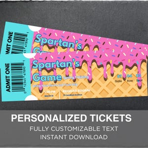 May include: Two tickets with a pink ice cream design, featuring the text "Spartan's Game." The tickets have a waffle cone pattern and colorful sprinkles. Additional text includes "Spring Training" and event details.