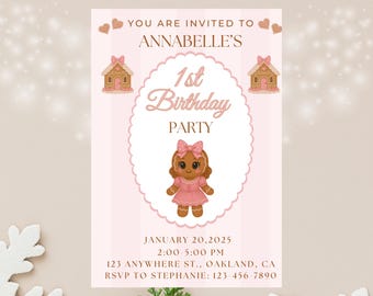 Birthday Invitation Pink Christmas Gingerbread Girl Coquette Party Invite Cookie Theme First Birthday Editable Template Winter Wonderland