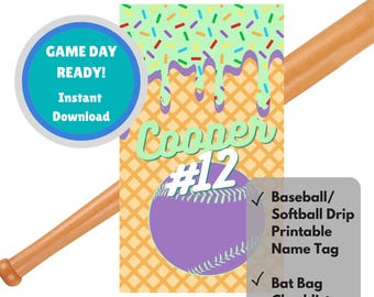 May include: A baseball bat rests diagonally across a baseball-themed graphic. The graphic features a purple baseball, the name "Cooper" and the number 12. Text includes "Game Day Ready! Instant Download."