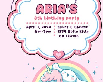 Kitty And Friends Party Invitation| Kawaii Birthday Invitation l Cinnamon Invitation| Kawaii Bunny Invitation| Cute Rainbow