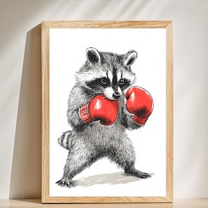 Arte mural de mapache boxeador / Dibujo divertido, travieso y caprichoso de un animal / Decoración minimalista en blanco y negro / Descarga digital