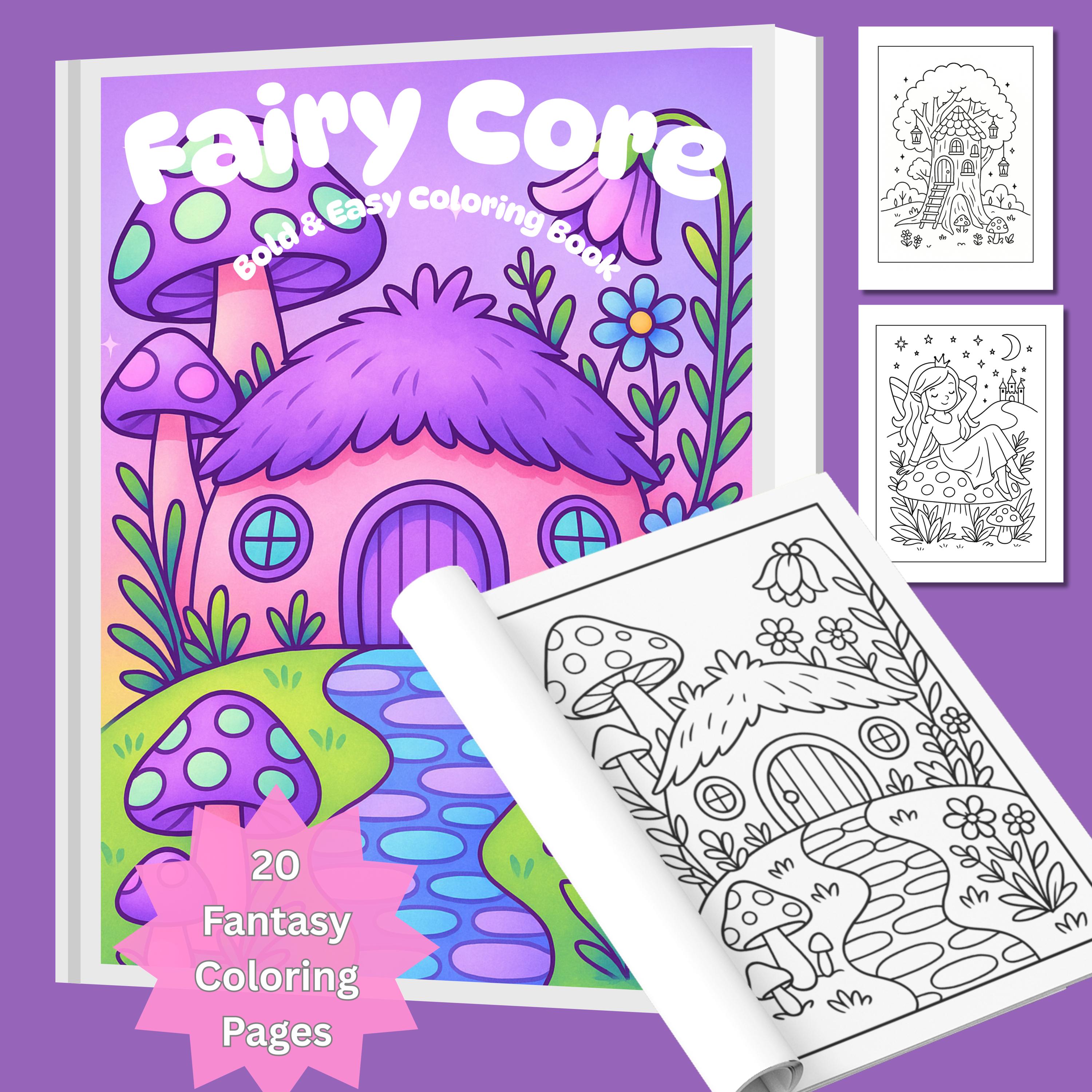Páginas de colorear de fantasía, gruesas y fáciles – Descarga digital con 20 láminas acogedoras y encantadoras para adultos (fairycore, casas de hadas, setas, bosque)