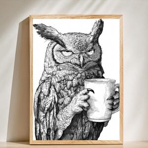 Funny Owl Coffee Print: Black and White Animal Illustration (Digital Download