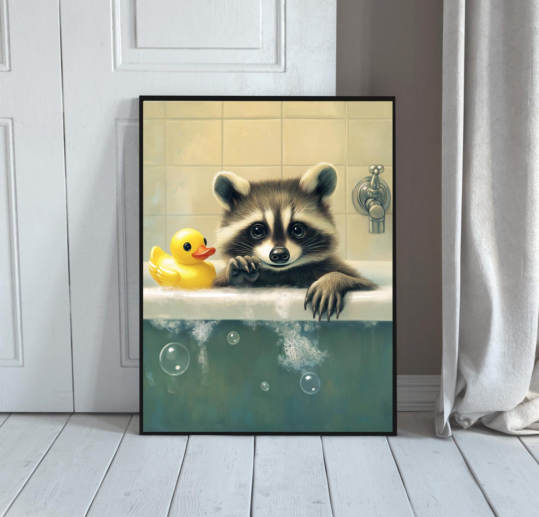 Curious Cute Raccoon in Bathtub for Bathroom Wall Art Print Fun Animal ...