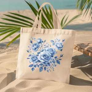Chinoiserie Floral Toile Einkaufstasche mit blauen Rosen, umweltfreundliche Einkaufstasche, Geschenk für Sie, wiederverwendbarer Lebensmittelgeschäft, Canvas-Tasche für jeden Anlass