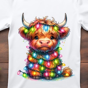 Christmas Highland Cow PNG Lights Farm Animal Xmas Clipart Festive Sublimation