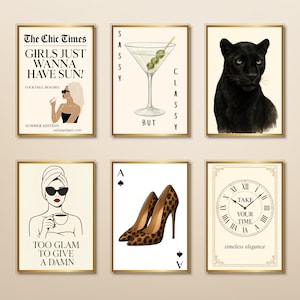 Retro Glam Wall Art Set Chic Fashion Diva Martini Cocktail Leopard Heels Print