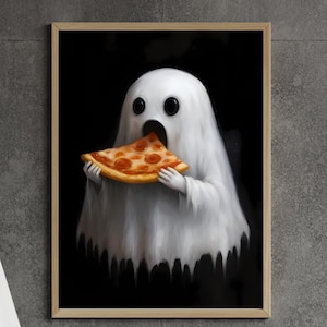 Arte de pared de fantasmas divertido, Halloween, fantasma lindo y espeluznante comiendo pizza, decoración de pared de humor negro, regalo para amantes de la pizza, descarga digital