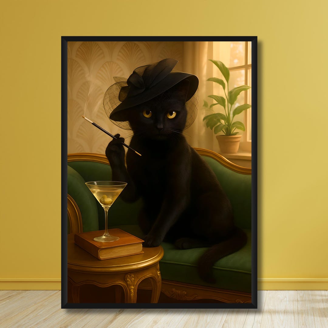 Black Cat With Wall Art Martini Funny Vintage Retro Whimsical Cat ...