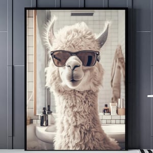 Glam Llama Funny Animal Wall Art Hair Day Print Quirky for Bathroom Decor Whimsical Digital Retro Cool