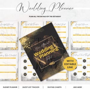 Könnte beinhalten: Ein Hochzeitsplanungs-Toolkit mit editierbaren Checklisten und Vorlagen. Das Toolkit enthält einen Budgetplaner, einen Gastlisten-Tracker, eine Sitzplanvorlage und vieles mehr. Das Cover zeigt ein schwarzes und goldenes Design mit dem Text "Your Ultimate Wedding Planning Toolkit".
