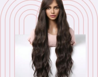 May include: Long, dark brown wavy hair wig with side-swept bangs. The wig is styled in loose waves and falls to the shoulders.