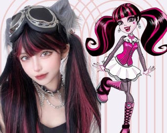 Pink Black Wig Two Tone Long Straight Bangs Goth Cosplay Halloween Costume Synthetic