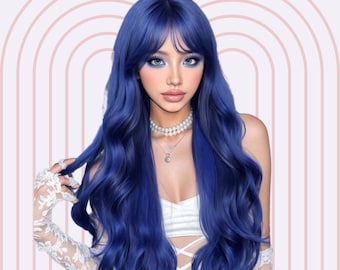 Navy Blue Curly Wig with Bangs: 28" Y2K Cosplay Wig
