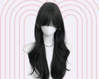 Long Wavy Black Wig with Bangs: Heat-Resistant Synthetic Hair