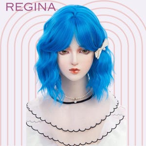 Blue Wavy Bob Wig with Bangs: Heat Resistant Synthetic Hair, 12 Inch