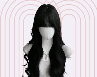 Long Wavy Black Wig with Bangs: Heat-Resistant Synthetic Hair (24-Inch)