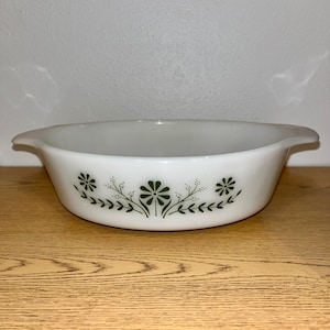 Vintage Glasbake Oval Casserole Dish – White with Green Floral Design – Made in USA