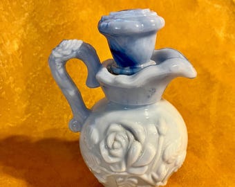 Vintage 1978 Avon Milk Glass Perfume Pitcher – Blue Rose Swirl Design
