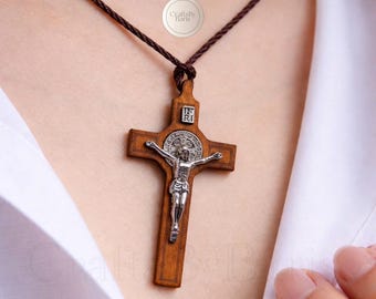 木製十字架ネックレス、カトリックジュエリー、男性用ジュエリー、男性