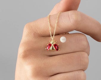 14K Gold Ladybug Necklace, Dainty Ladybug Pendant, 925 Sterling Silver, Good Luck Charm, Minimalist Bug Necklace