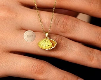 14k Gold Oyster Shell Necklace, Pearl Seashell Pendant, 925 Sterling Silver Oyster Shell Jewelry, Minimalist Sea Lover Jewelry, Gift for Her