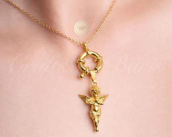 14K Gold Angel Necklace, Angel Locket Pendant, Vintage Style Angel Jewelry, Guardian Angel Pendant, Gift for Her