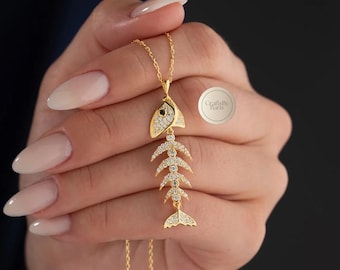 14K Gold Fishbone Necklace, Sterling Silver Fish Necklace, Dainty Fish Necklace, Silver Fish Jewelry, Sea Life Necklace, Gift for Her