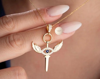 Erzengel Michael Schwert Evil Eye Halskette, St Michael Flügel Halskette, 14k Gold Schutzengel Anhänger, 925 Sterling Silber