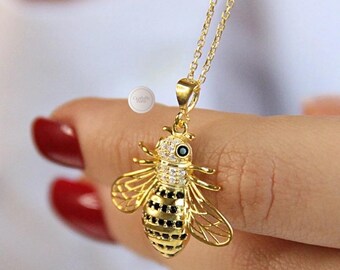 Collar de abeja de oro de 14k, colgante de abeja de plata de ley 925, dijes de animales, joyería de abeja de oro, regalo para amantes de los animales