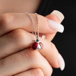 Peut inclure: Un collier en argent avec un pendentif coccinelle. La coccinelle a une carapace rouge avec des points noirs et un dessous argenté. La chaîne du collier est délicate et argentée. Le fond est noir.