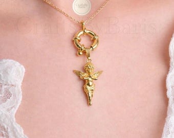 14K Gold Plated Baby Angel Necklace, Cherub Pendant, Versatile Gold Angel Jewelry for Her, Guardian Angel Necklace