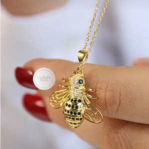 14k Goldbienenhalskette, Bienenanhänger, 925 Sterlingsilber, Goldbiene, Bienenliebhabergeschenk, Honigbienengeschenkschmuck, Honigbienenhalskette