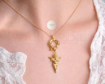 Guardian Angel Necklace, Gold Angel Pendant, Vintage Style Angel Jewelry, Guardian Angel Pendant, Gift for Her
