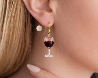 Örhängen i vinglas, örhängen i rött vin, örhängen i bägare, smycken i 14k guld med hartsglas, örhängen för vinälskare, hängande örhängen i hartsglas