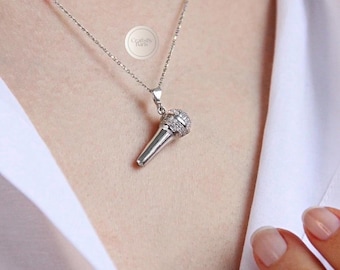 925 Sterling Silver Microphone Necklace, Singer Gift, Music Lover Jewelry, Music Pendant, Gift for Her