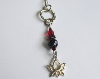 Garnet Lotus Flower Necklace: Sterling Silver Pendant, Red Glass Beads