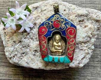 Red Coral, Lapis & Turquoise Buddha Pendant — Handmade in Nepal (1.75 inches)
